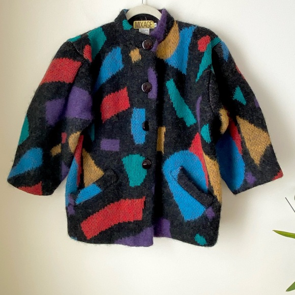 Colourblock colourful wool mohair blend chunky knit thick cardigan - Picture 12 of 15